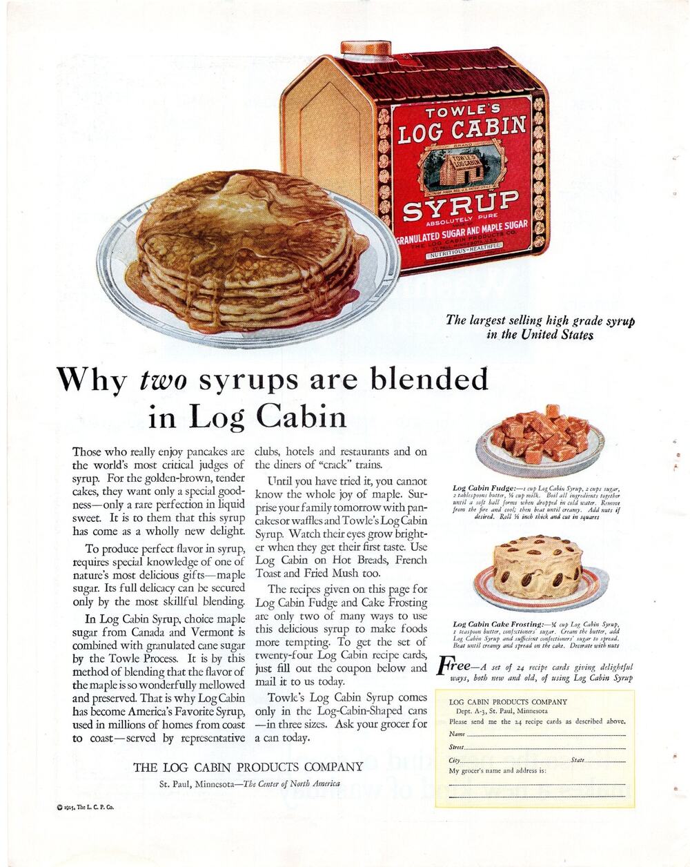 Towles Log Cabin Syrup / Rinso Laundry Soap Advertisement 1925 Pancake Washing